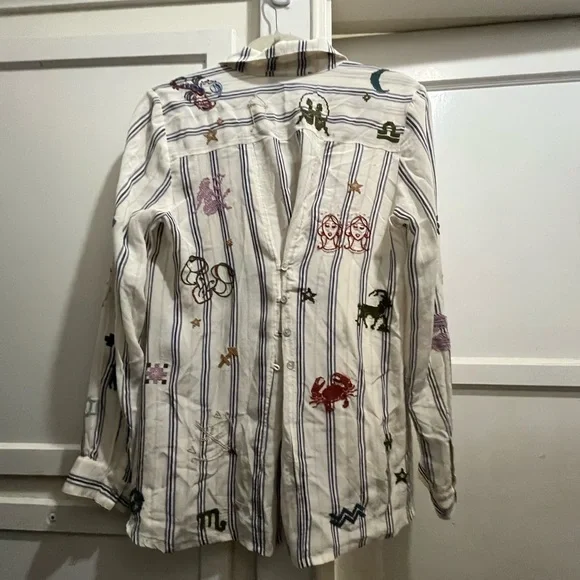 Johnny Was ARIANA BUTTON BACK striped silk shirt with zodiac embroidery size sm - Picture 3 of 16